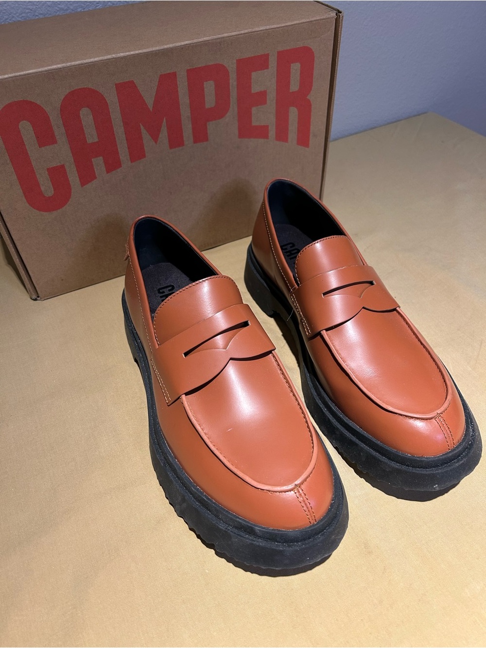 Camper Tan Leather Penny Loafers with Black Soles - Picture 3 of 5